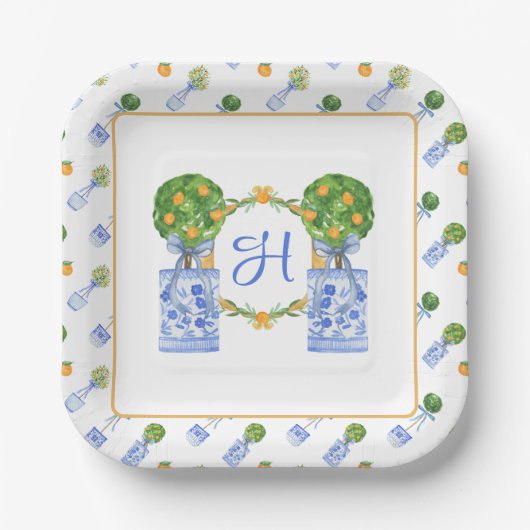 Wasserfarbe Chinoiserie Citrus Topiary Monogram Pappteller (Vorderseite)
