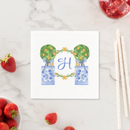 Wasserfarbe Chinoiserie Citrus Topiary Monogram Serviette (Beispiel)