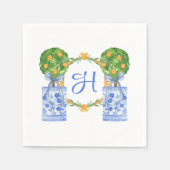 Wasserfarbe Chinoiserie Citrus Topiary Monogram Serviette (Vorderseite)