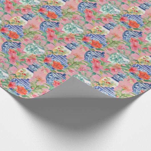 Wasserfarbe Chinoiserie Floral Ginger Jars Geschenkpapier (Ecke)