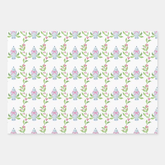 Wasserfarbe Chinoiserie Ginger Jars & Holly Geschenkpapier Set (Vorderseite 3)