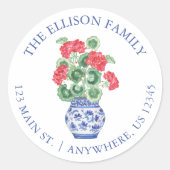 Wasserfarbe Chinoiserie Vase Red Geranians Adresse Runder Aufkleber (Vorderseite)