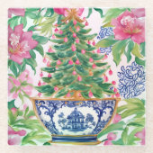 Wasserfarbe Chinoiserie Weihnachtsbaum Glasuntersetzer (Vorderseite)
