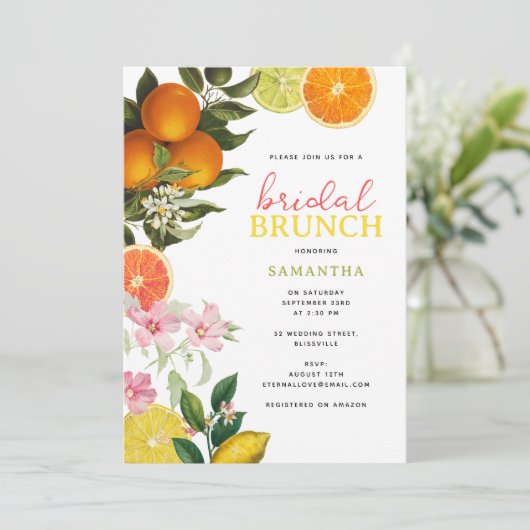 Wasserfarbe Citrus Bridal Brunch Brautparty Einladung (Stehend Vorderseite)