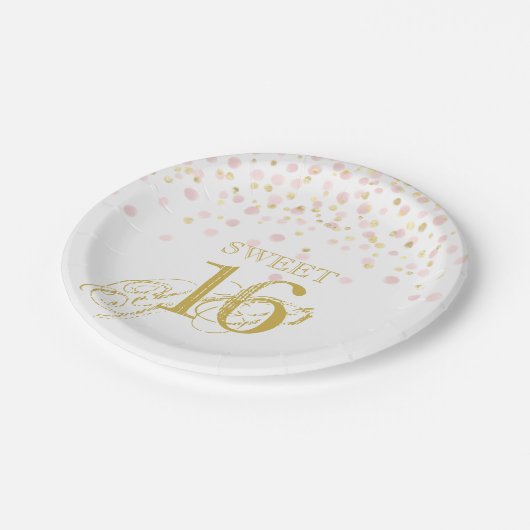 Wasserfarbe Confetti Sweet 16 Elegant Rosa Gold Pappteller (Schrägansicht)