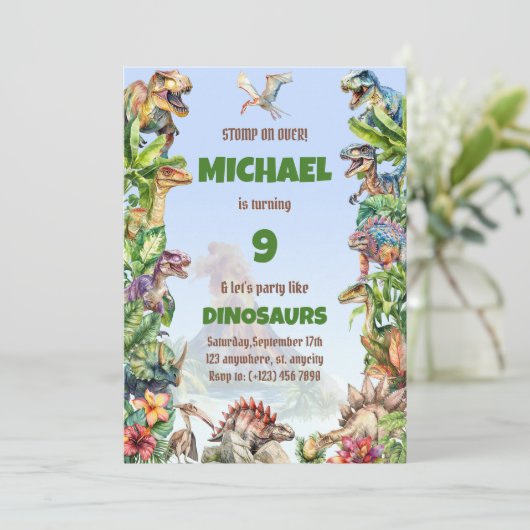 Wasserfarbe Cool realistische Dinosaurier Geburtst Einladung (Stehend Vorderseite)