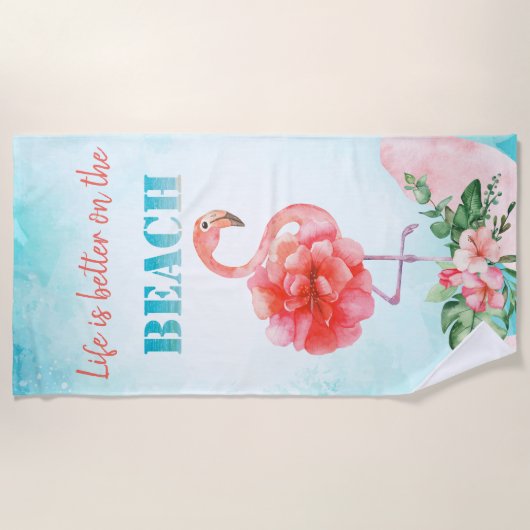 Wasserfarbe Cool Rosa Flamingo Tropische Blume Strandtuch (Vorderseite)