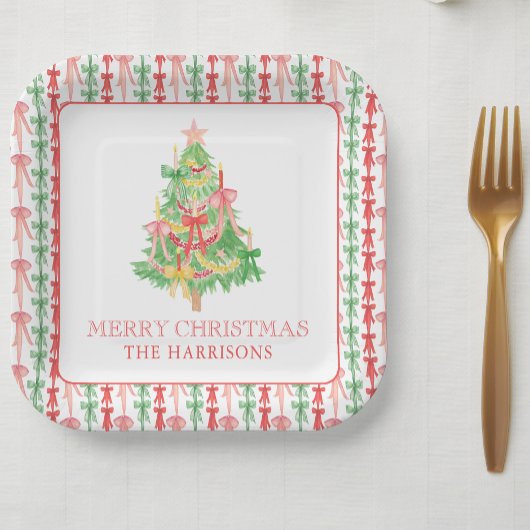 Wasserfarbe Coquette Bow Weihnachtsbaum Pappteller