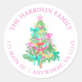 Wasserfarbe Coquette Bows Weihnachtsbaum Adresse Runder Aufkleber (Vorderseite)