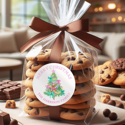 Wasserfarbe Coquette Bows Weihnachtsbaum Runder Aufkleber