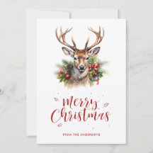 Wasserfarbe Deer Stag Holly Snow Frohe Weihnachten