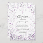 Wasserfarbe Delikate violette Blumen Taufe Einladung (Vorne/Hinten)