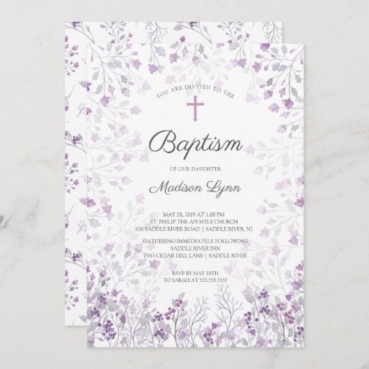 Wasserfarbe Delikate violette Blumen Taufe Einladung (Vorne/Hinten)