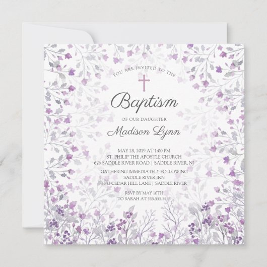 Wasserfarbe Delikate violette Blumen Taufe Einladung (Vorderseite)