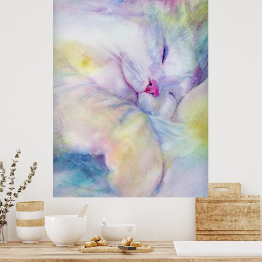 Wasserfarbe der weißen Katze, die auf einem weißen Poster (Küche)