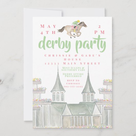 Wasserfarbe Derby Party Jockey Iconic Gebäude Einladung (Vorderseite)