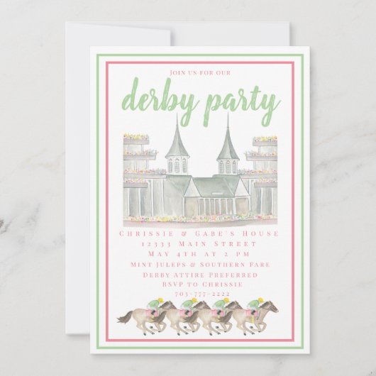 Wasserfarbe Derby Party Jockeys Racing Einladung (Vorderseite)