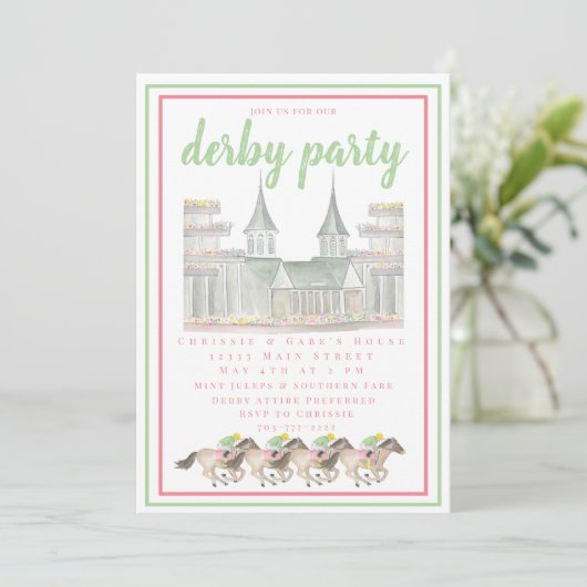 Wasserfarbe Derby Party Jockeys Racing Einladung (Stehend Vorderseite)