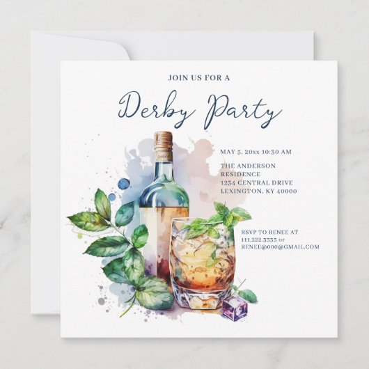 Wasserfarbe Derby Party Minze Julep Einladung (Vorderseite)