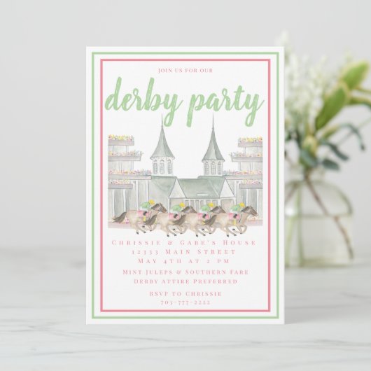 Wasserfarbe Derby Party Racing Gebäude Einladung (Stehend Vorderseite)
