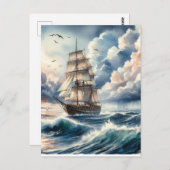 Wasserfarbe des Blue Ocean Wave Boat Postkarte (Vorne/Hinten)