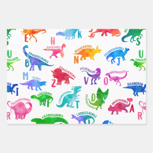 Wasserfarbe Dinosaurier Alphabet Farbenfroh Dino K Geschenkpapier Set (Vorderseite)