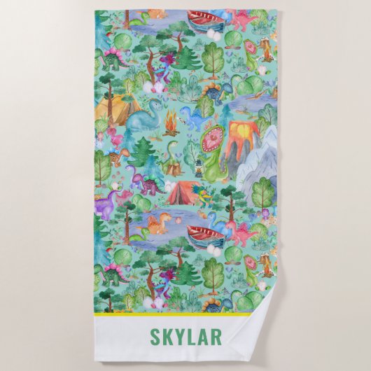 Wasserfarbe Dinosaurier Camping Kinder Personalisi Strandtuch (Vorderseite)