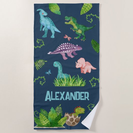 Wasserfarbe Dinosaurier mit Kindername Strandtuch (Vorderseite)