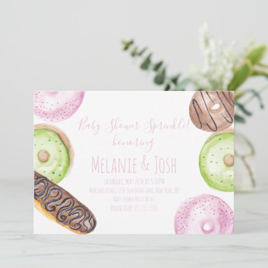 Wasserfarbe Donut Babydusche Sprinkle Sweet Invita Einladung (Stehend Vorderseite)