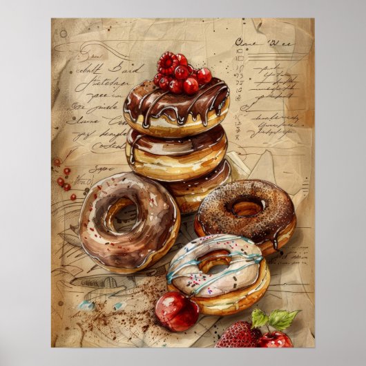 Wasserfarbe Donuts Nostalgisches Abendessen Kunst, Poster (Vorne)