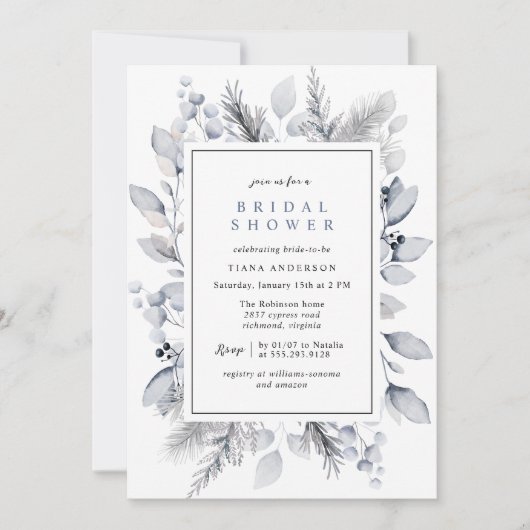 Wasserfarbe Dusty Blue Grau Winter Brautparty Einladung (Vorderseite)