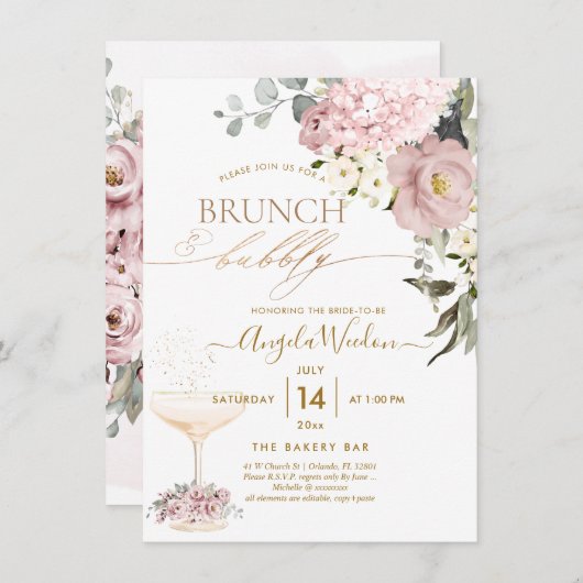 Wasserfarbe Dusty Rose Hydrangea Brunch Bubbly Einladung (Vorne/Hinten)