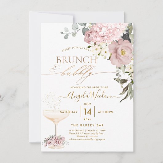 Wasserfarbe Dusty Rose Hydrangea Brunch Bubbly Einladung (Vorderseite)