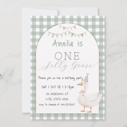 Wasserfarbe Eine Alberne Gänse Gingham 1. Geburtst Einladung (Vorderseite)
