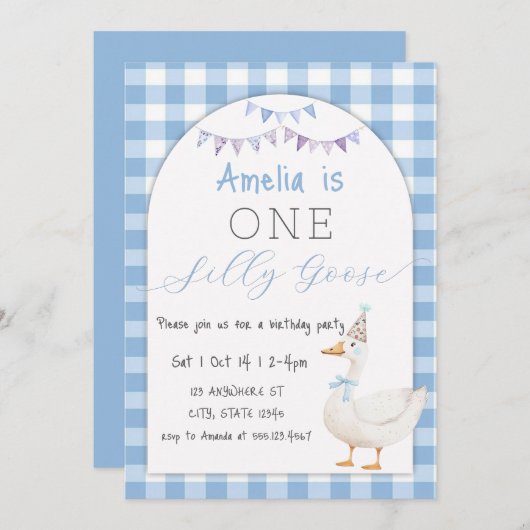 Wasserfarbe Eine Alberne Gänse Gingham 1. Geburtst Einladung (Vorne/Hinten)