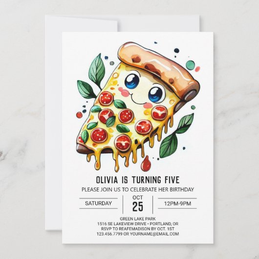 Wasserfarbe Einfache Pizza Geburtstag Einladung (Vorderseite)