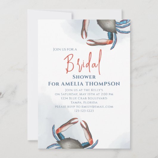 Wasserfarbe Einfaches Brautparty Blue Crab QR Code Einladung (Vorderseite)