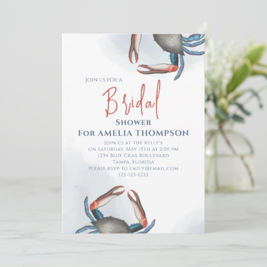 Wasserfarbe Einfaches Brautparty Blue Crab QR Code Einladung (Stehend Vorderseite)