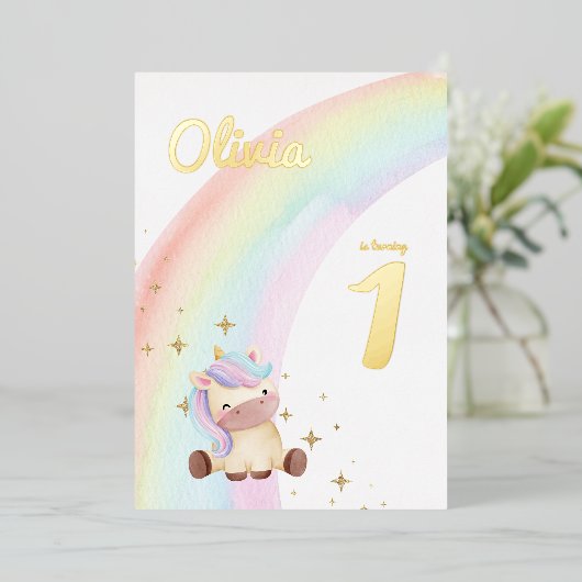 Wasserfarbe Einhorn Regenbogen Party Einladung (Stehend vorne)