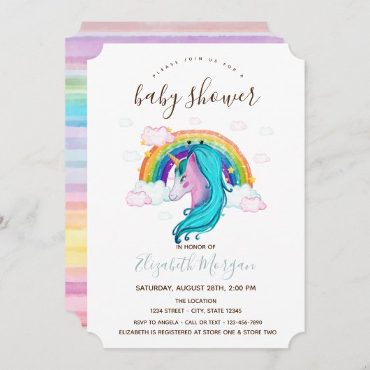Wasserfarbe Einhorn Regenbogen Streifen Babydusche Einladung (Vorne/Hinten)
