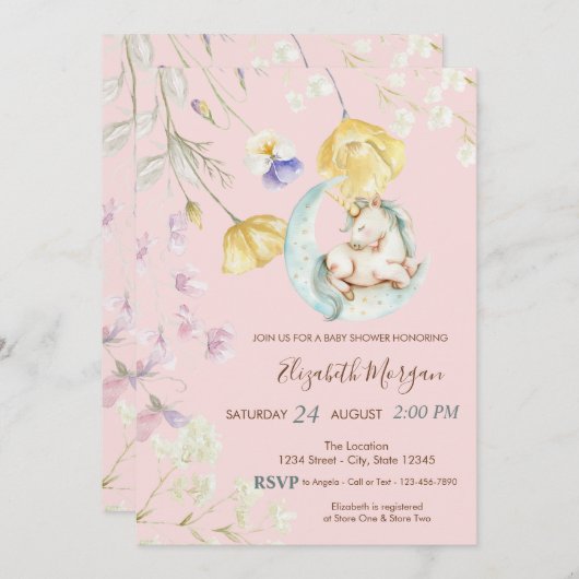 Wasserfarbe Einhorn Wildblumen Kinderdusche Einladung (Vorne/Hinten)