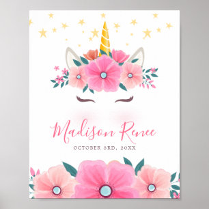 Wasserfarbe Einhorngesicht Blumenstrauß Baby Poster