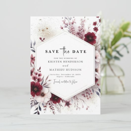 Wasserfarbe Einzigartige Hochzeit des Burgund Save The Date (Stehend Vorderseite)