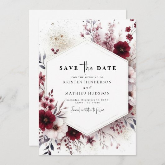 Wasserfarbe Einzigartige Hochzeit des Burgund Save The Date (Vorne/Hinten)