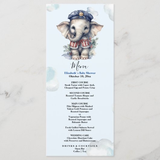 Wasserfarbe Elefant nautisches Thema Menükarte (Vorderseite)