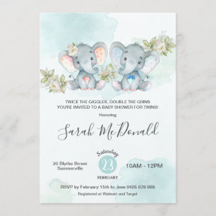 Wasserfarbe Elefant Twins Boy Girl Babydusche Einladung