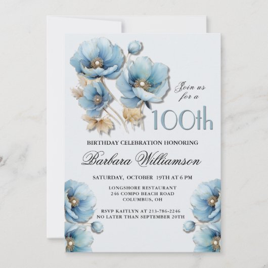 Wasserfarbe Elegant Blue Gold Floral 100. Geburtst Einladung (Vorderseite)