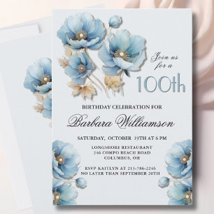 Wasserfarbe Elegant Blue Gold Floral 100. Geburtst Einladung