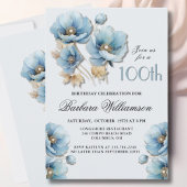 Wasserfarbe Elegant Blue Gold Floral 100. Geburtst Einladung