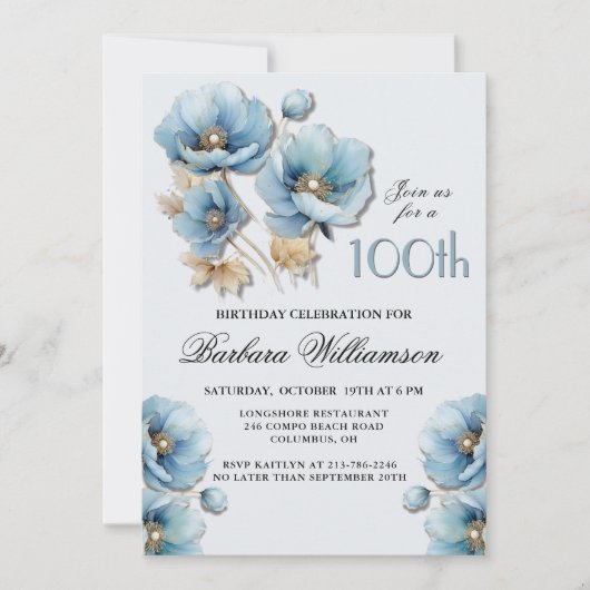 Wasserfarbe Elegant Blue Gold Floral 100. Geburtst Einladung (Vorderseite)
